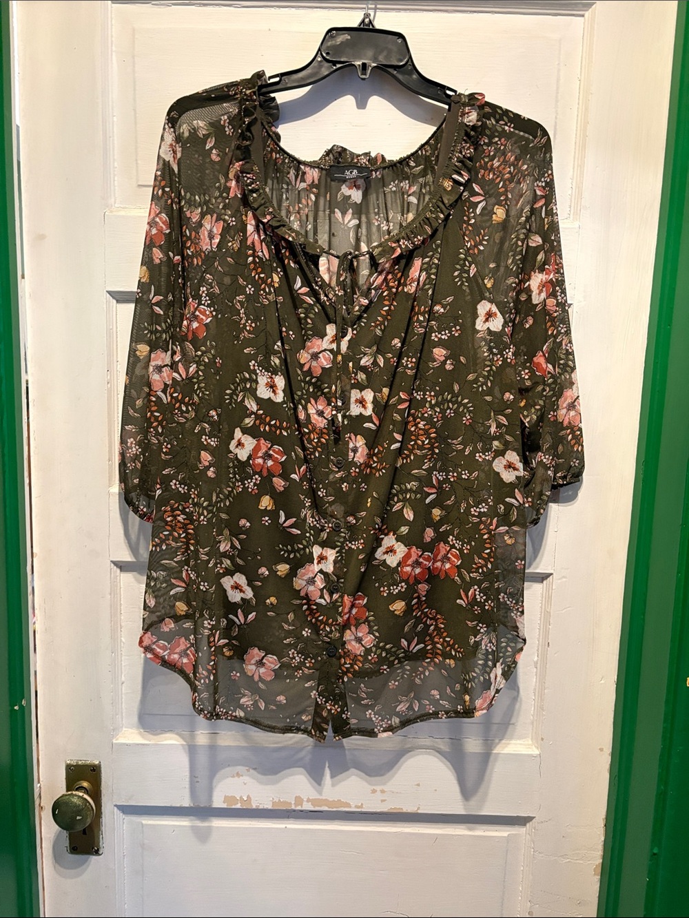 Floral Ruffle-Neck Blouse - Olive Green